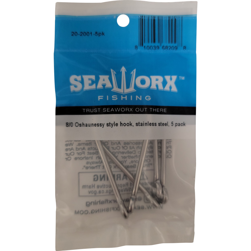 8/0 Oshaunessy style hook, stainless steel, 5pk