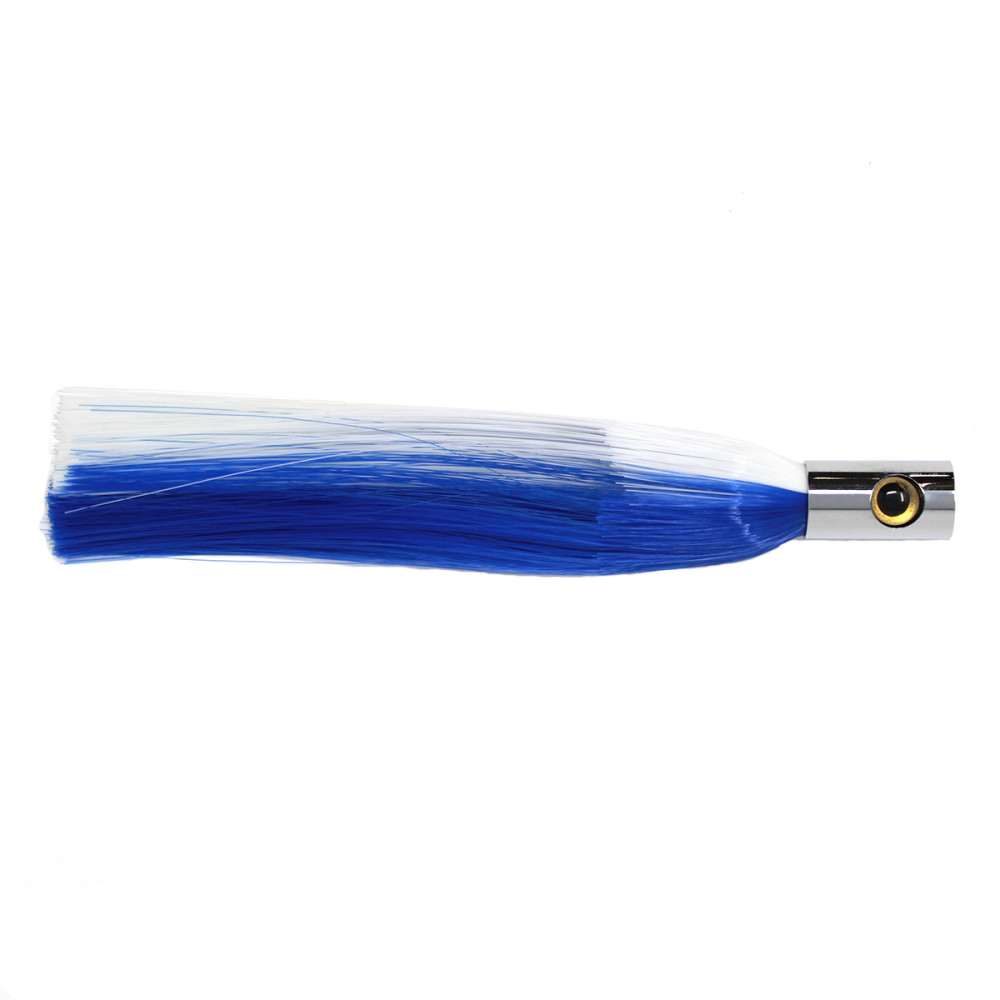 Bally Turbo Lure, 8.25" chrome flat head, blue/white hair skirt