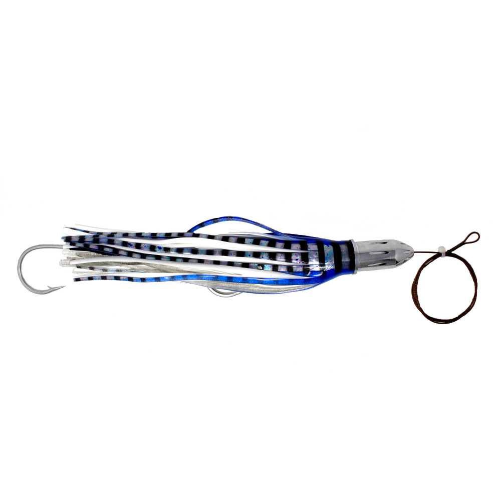 Trolling lure, (17oz) Jetted big head, blue/white, 12/0 hookset