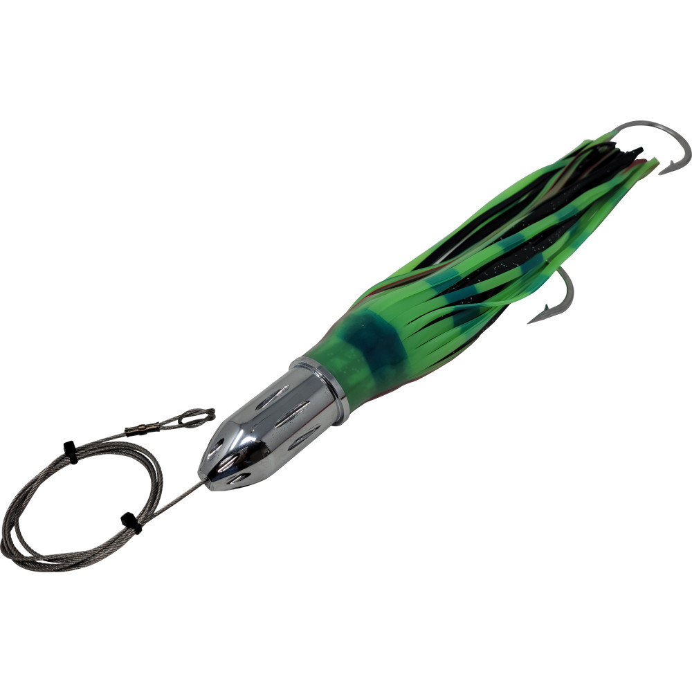 Trolling lure, (17oz) Jetted big head, green/black, 12/0 hookset
